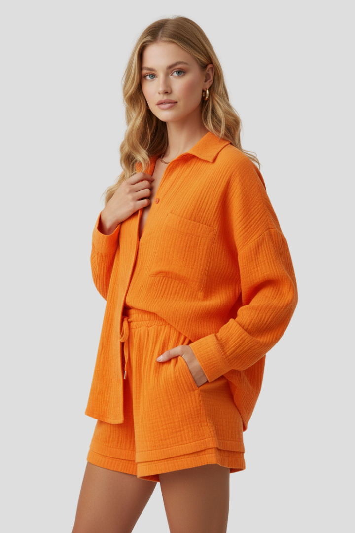 Women’s Two Piece Set with Oversized Blouse and Shorts