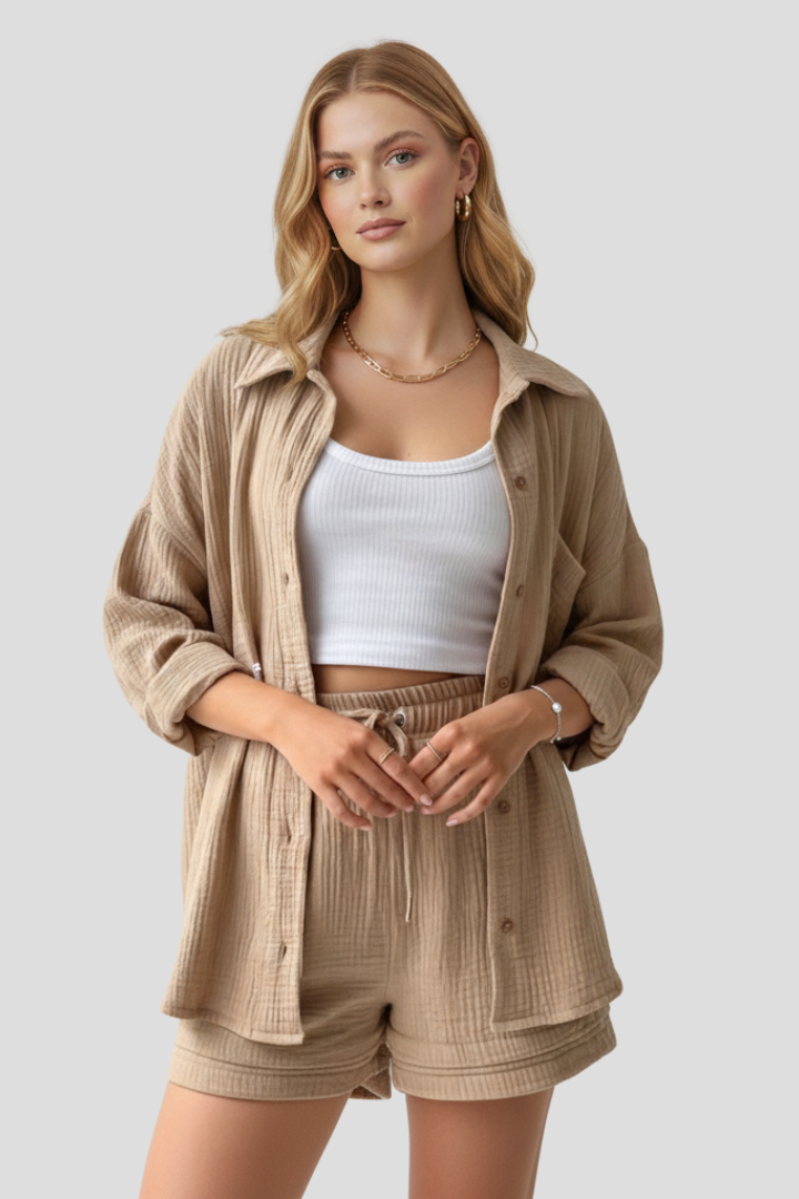 Women’s Two Piece Set with Oversized Blouse and Shorts
