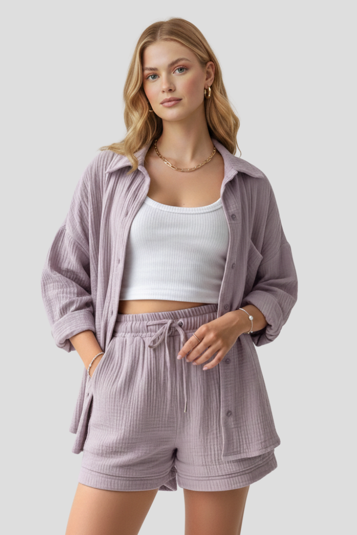 Women’s Two Piece Set with Oversized Blouse and Shorts