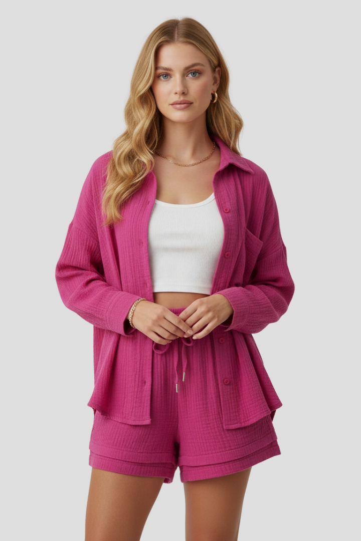 Women’s Two Piece Set with Oversized Blouse and Shorts