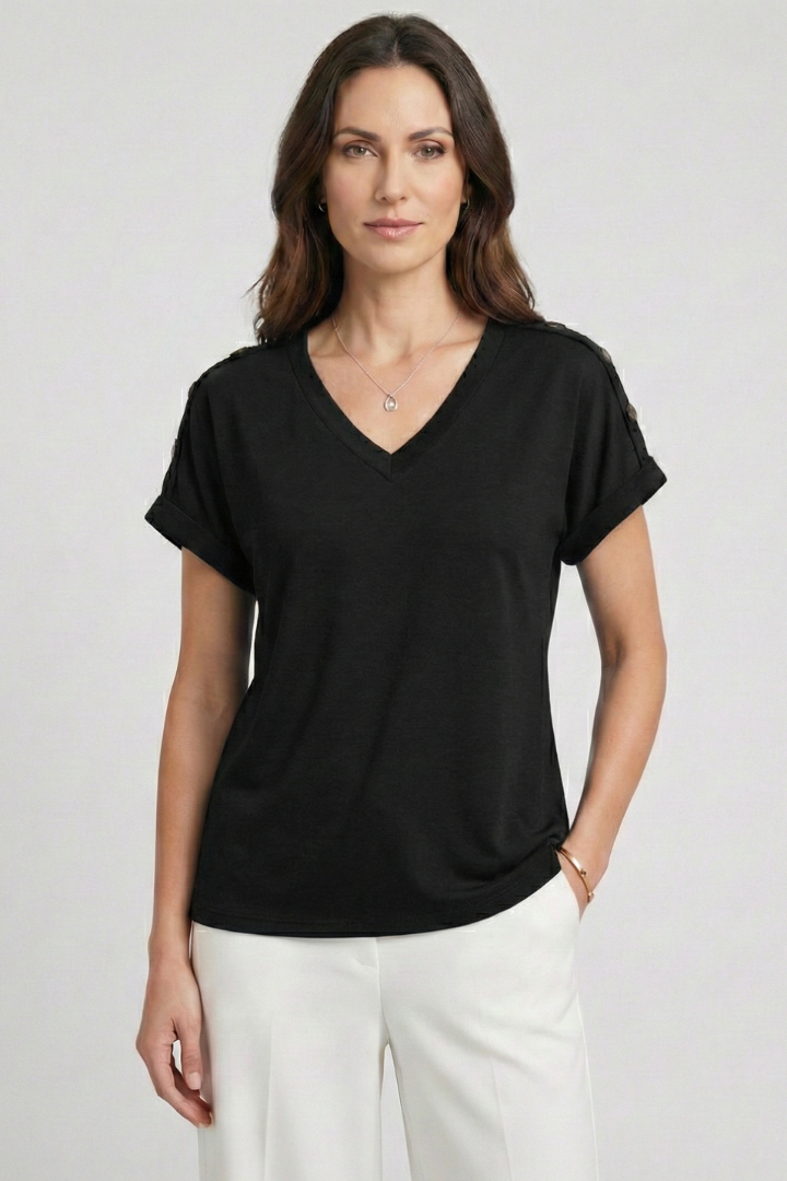 Women T-Shirt with V Neckline and Rolled Sleeves