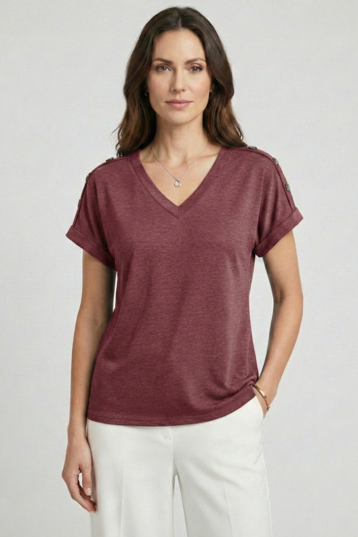 Women T-Shirt with V Neckline and Rolled Sleeves