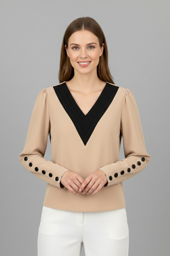 Women’s Blouse with V-Neck and Buttoned Cuffs