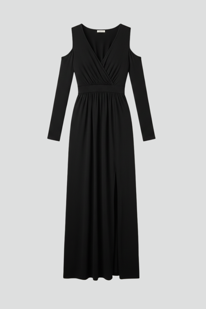 Women’s Dress with Appliques and Tiered Skirt with V Neckline and Side Slit
