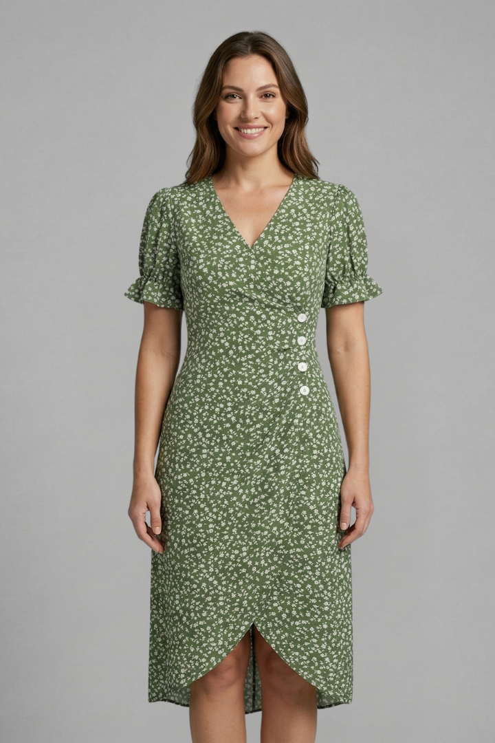 Women’s Dress with V-Neck and Button Front