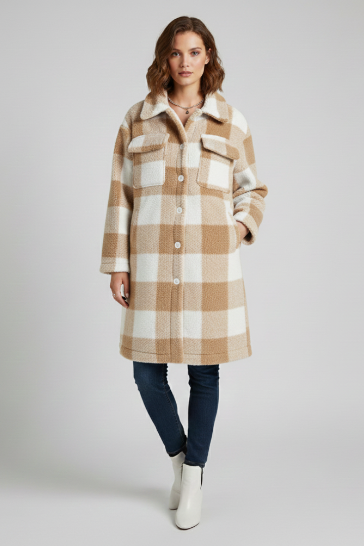 Women’s Long Coat with Button Front and Checked Surface
