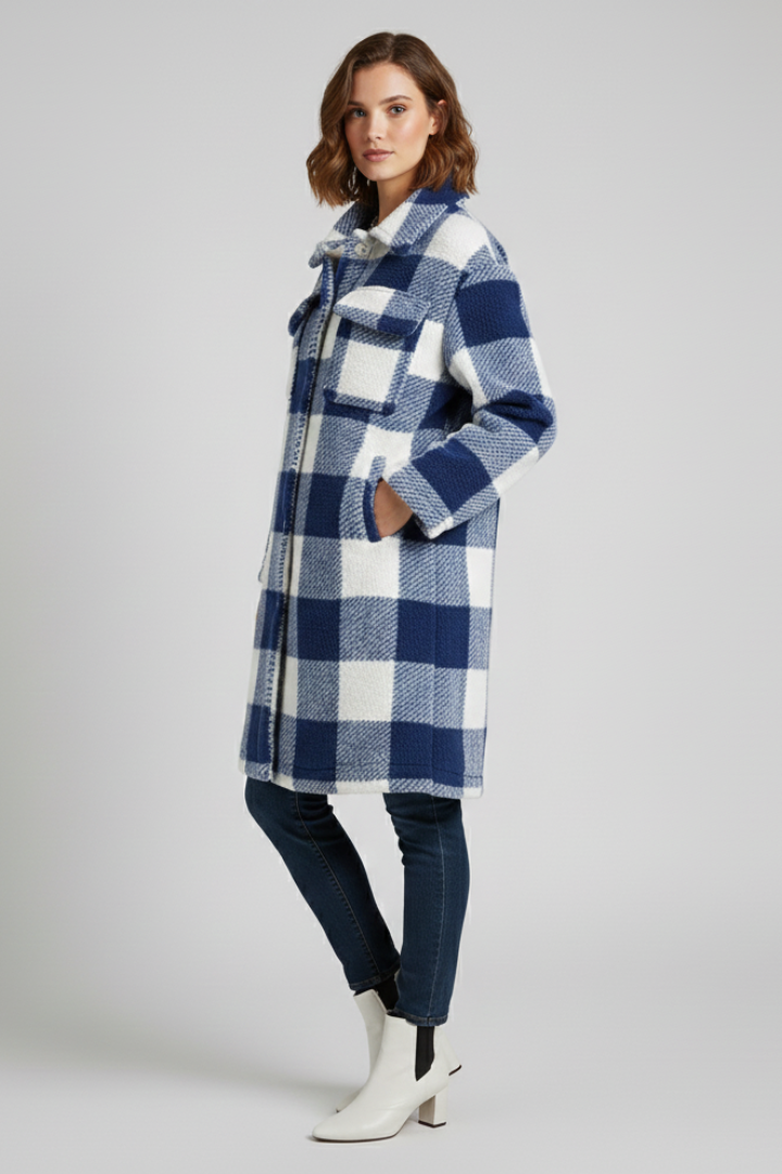 Women’s Long Coat with Button Front and Checked Surface