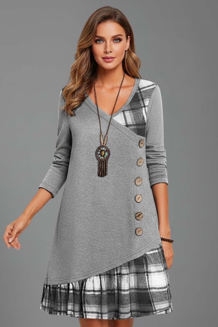 Women’s Long Sleeve Dress with V Neckline and Button Detail