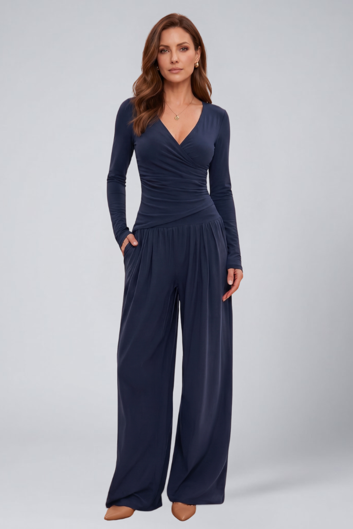 Women's Lounge Set with Wrap Top and Wide-Leg Pants
