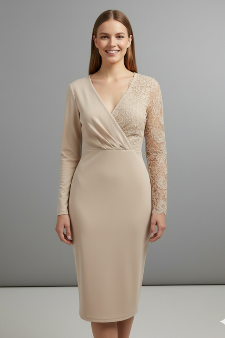 Women’s Midi Dress with Sleeves and V Neckline