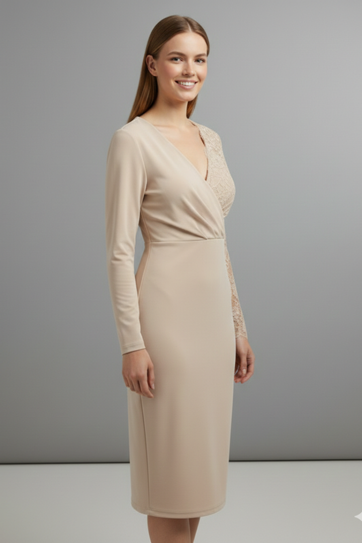 Women’s Midi Dress with Sleeves and V Neckline
