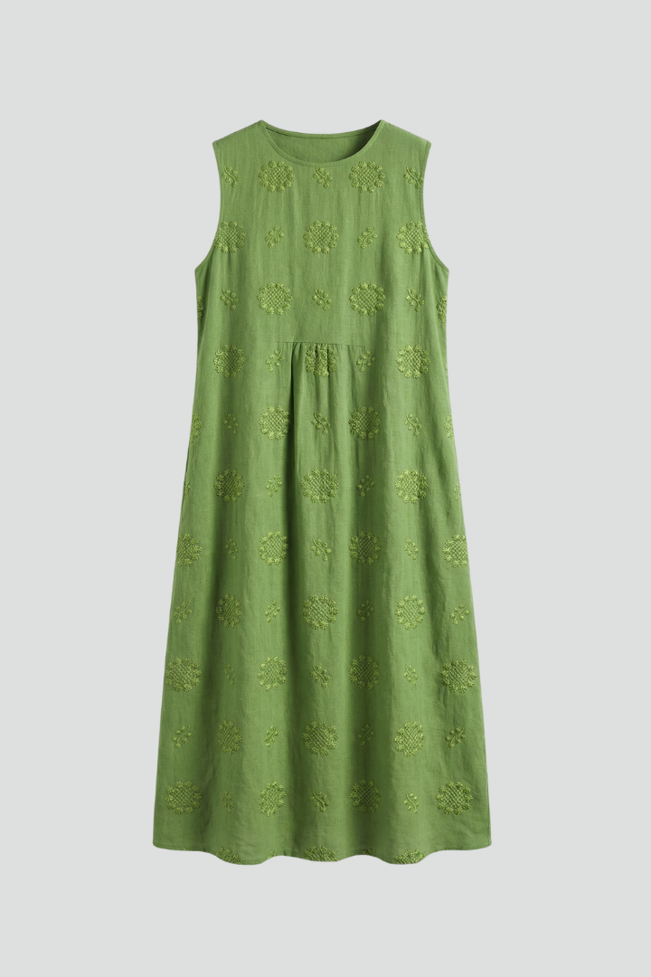 Women’s Midi Dress with Round Neck and Sleeveless Design