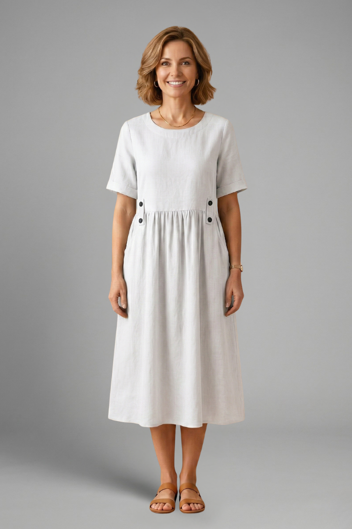 Women’s Midi Dress with Round Neckline and Loose Fit