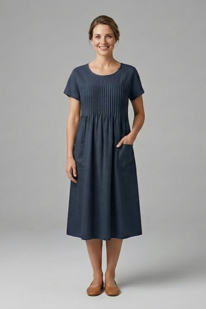 Women’s Midi Dress with Short Sleeves and Side Pockets