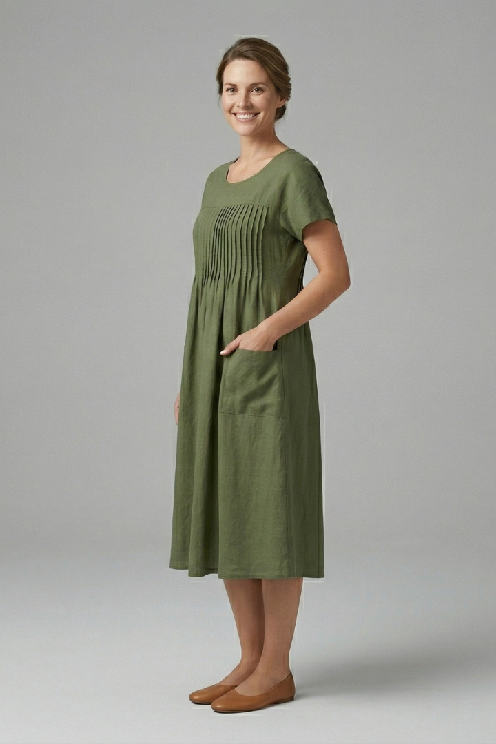 Women’s Midi Dress with Short Sleeves and Side Pockets