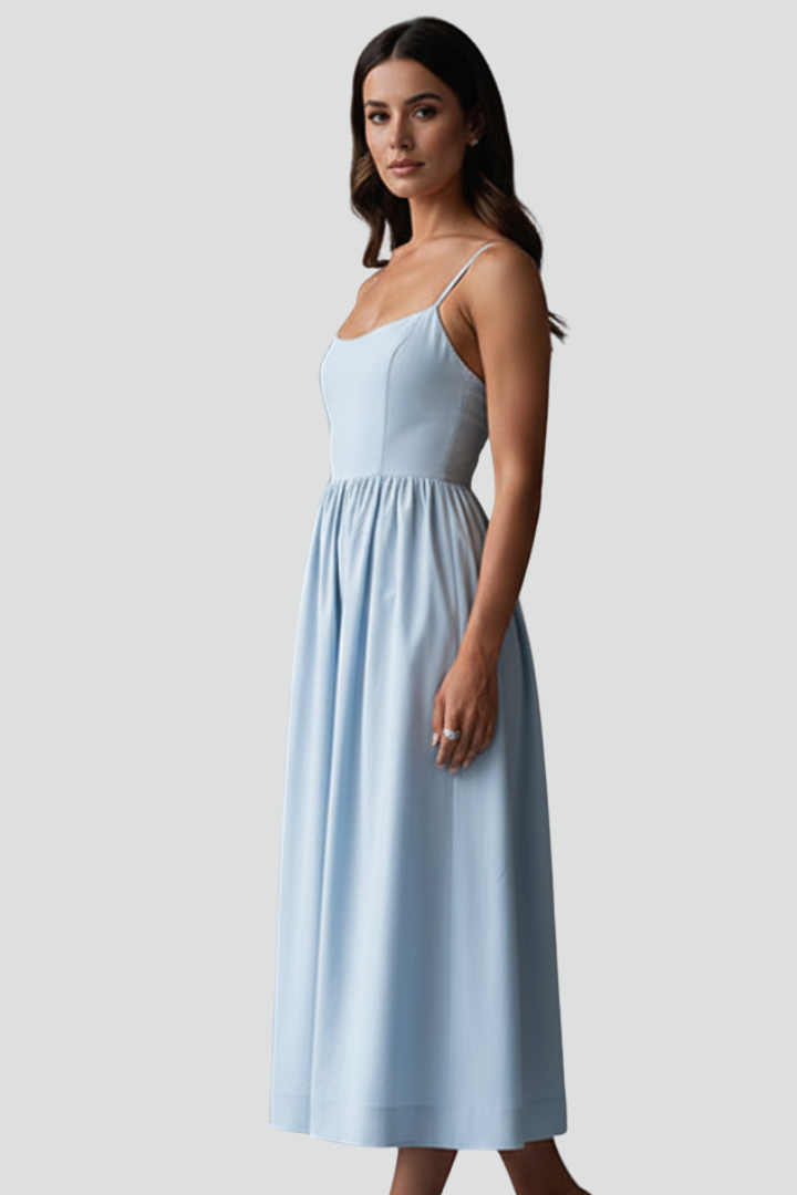 Women’s Midi Dress with Spaghetti Straps and Gathered Waist