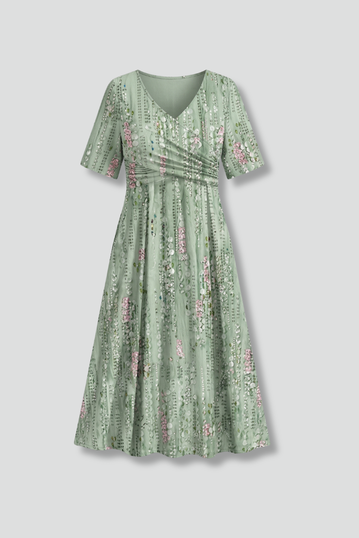 Women’s Midi Dress with V-Neck and Short Sleeves