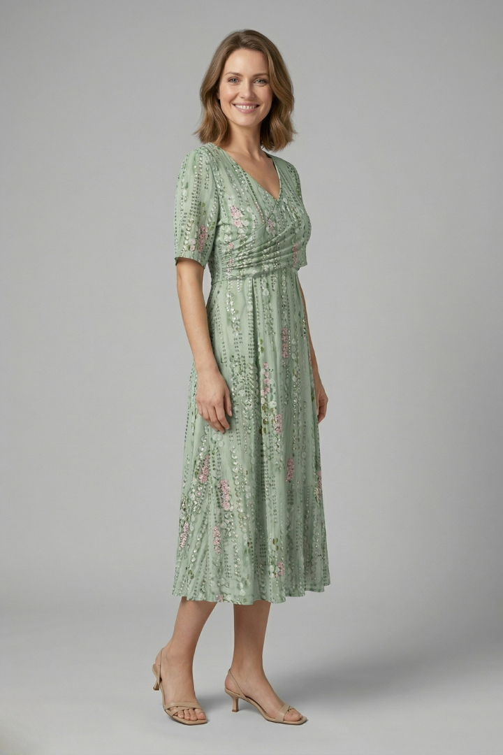 Women’s Midi Dress with V-Neck and Short Sleeves