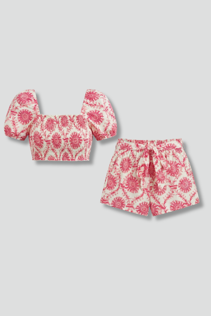 Women’s Two-Piece Set with Square Neck Top and Elastic Shorts