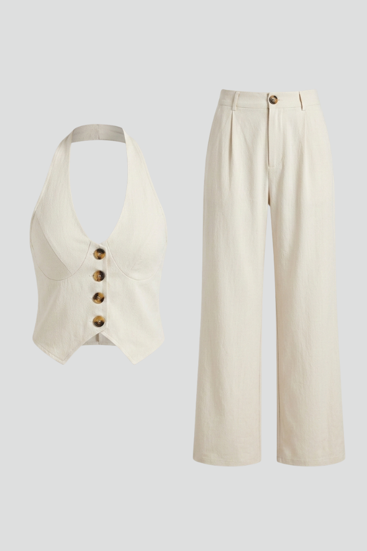 Women’s Two Piece Set with Button Top and Wide Leg Trousers