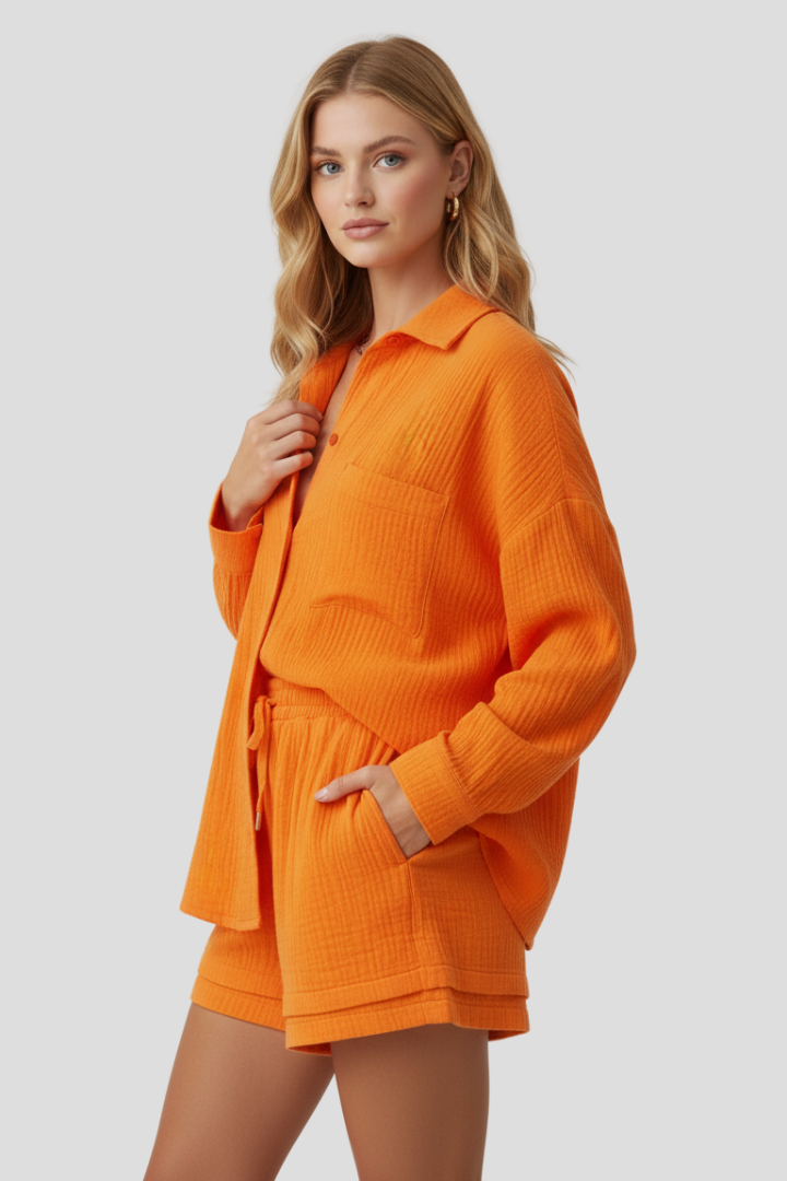 Women’s Two Piece Set with Oversized Blouse and Shorts