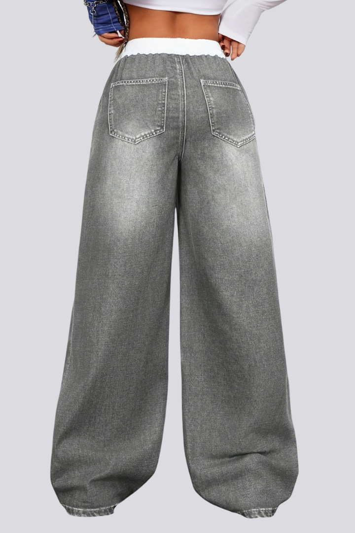 Women’s Straight-Leg Jeans with Drawstring Waist and Wide Legs
