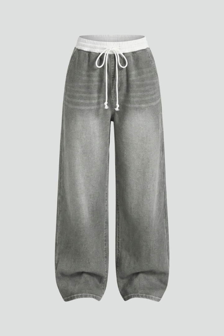 Women’s Straight-Leg Jeans with Drawstring Waist and Wide Legs