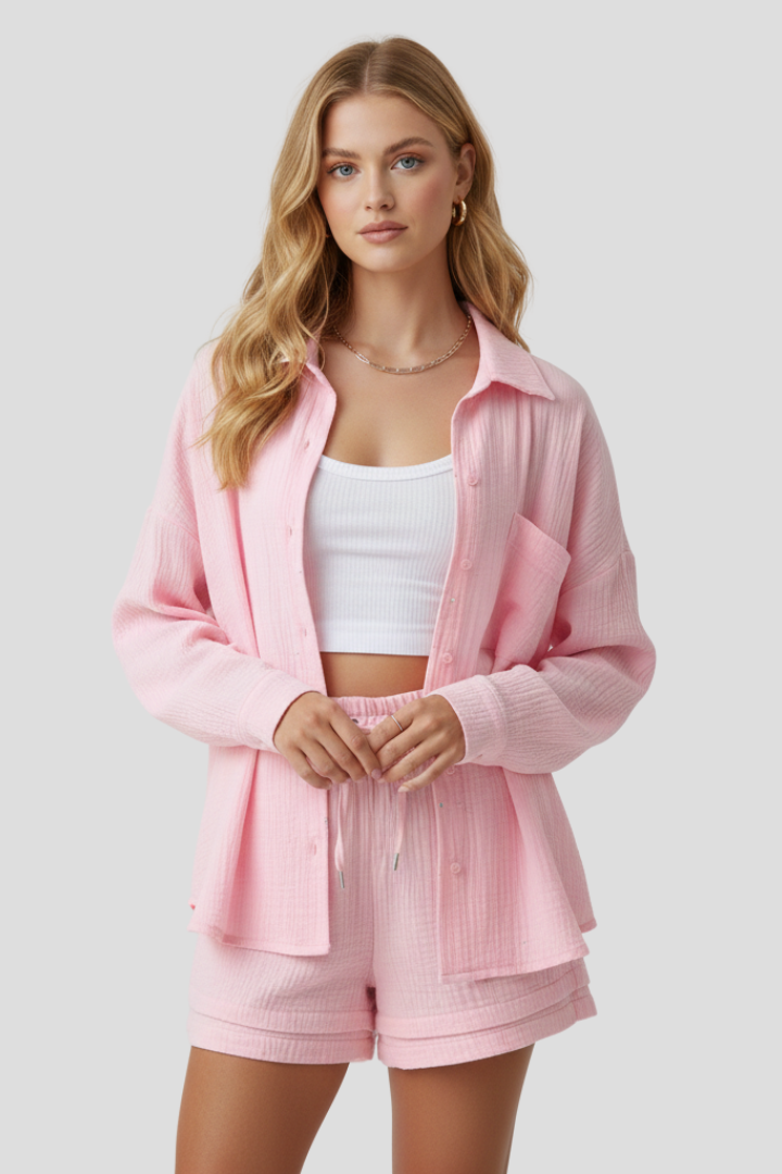 Women’s Two Piece Set with Oversized Blouse and Shorts