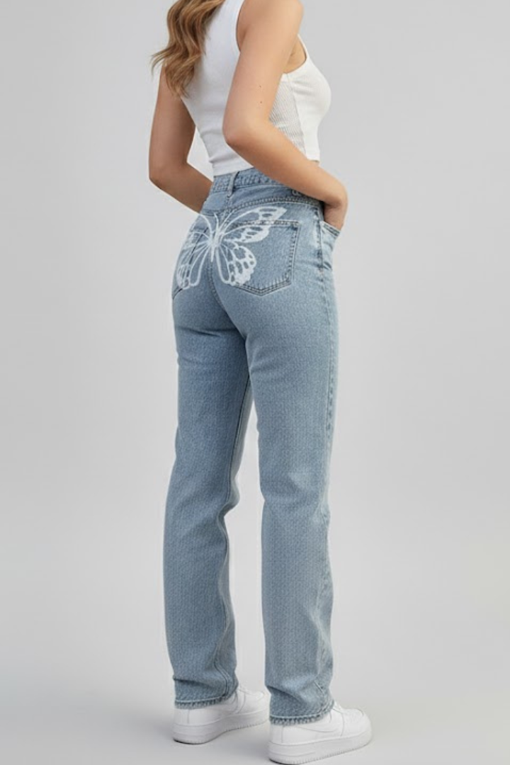 Women’s Jeans with High Waist and Butterfly Print