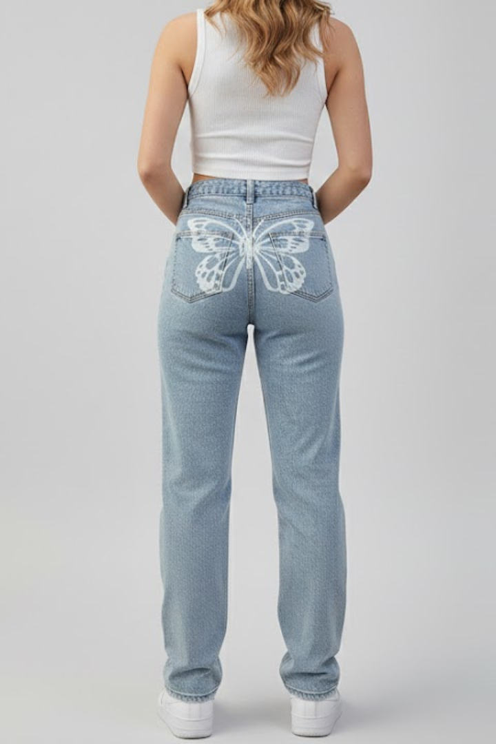 Women’s Jeans with High Waist and Butterfly Print