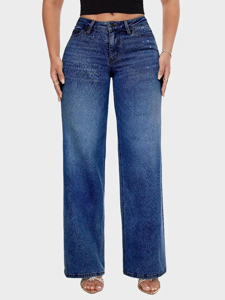 Women’s Wide-Leg Jeans with Mid Waist and Button Closure