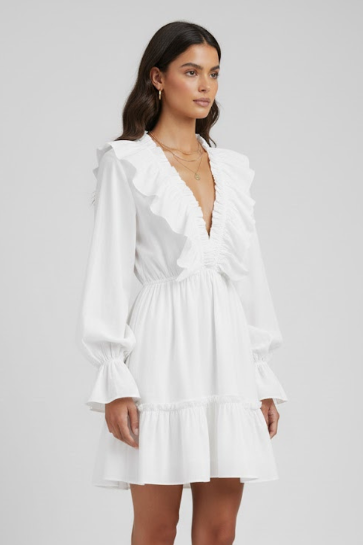 Women’s Mini Dress with V-Neck and Ruffle Trim