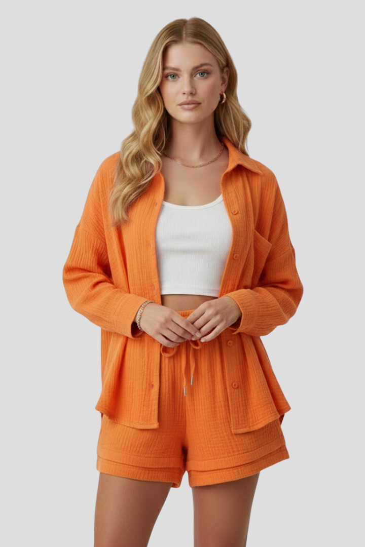 Women’s Two Piece Set with Oversized Blouse and Shorts