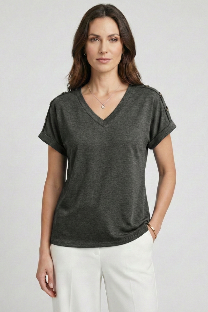 Women T-Shirt with V Neckline and Rolled Sleeves