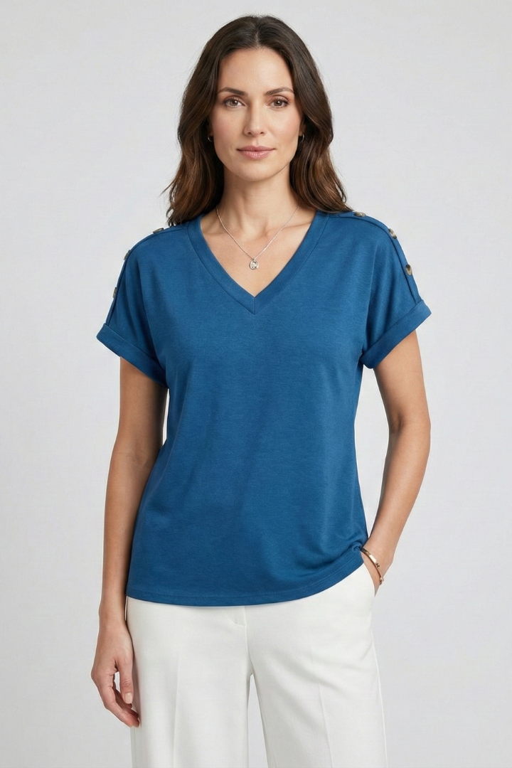 Women T-Shirt with V Neckline and Rolled Sleeves
