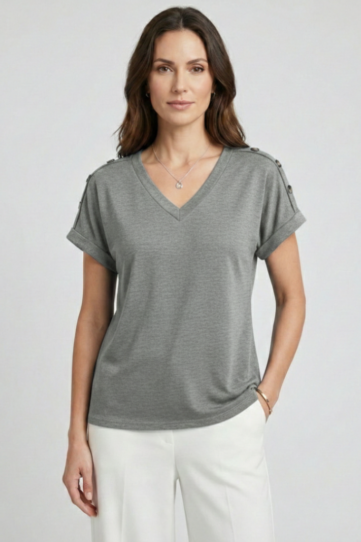 Women T-Shirt with V Neckline and Rolled Sleeves