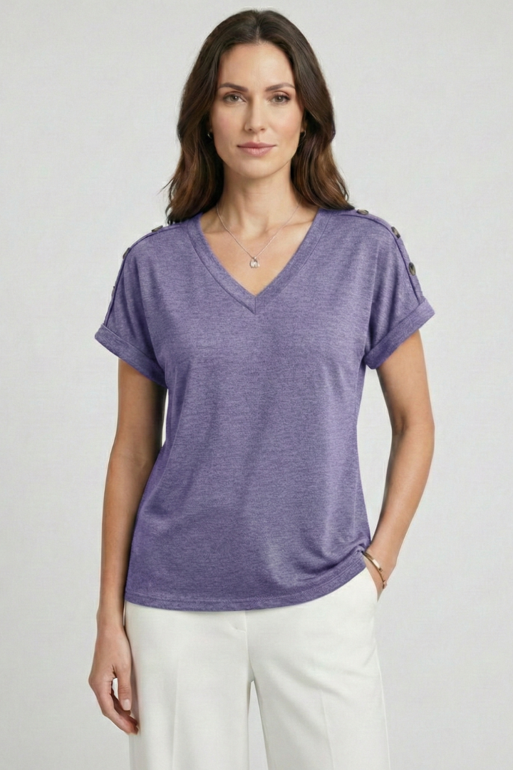 Women T-Shirt with V Neckline and Rolled Sleeves
