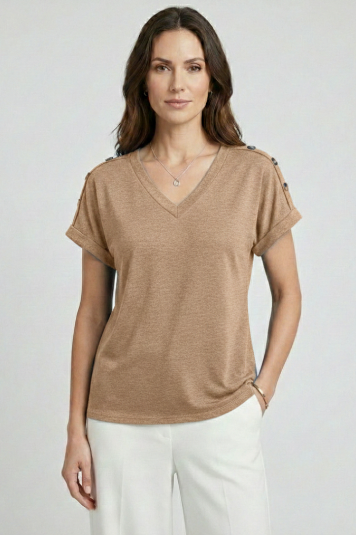 Women T-Shirt with V Neckline and Rolled Sleeves