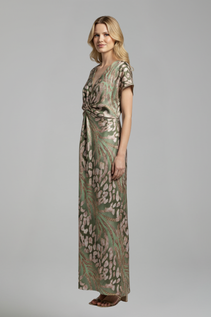 Women’s Ankle-Length Dress with V Neckline and Knotted Detail