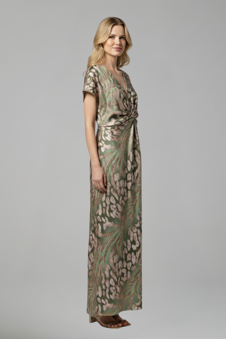 Women’s Ankle-Length Dress with V Neckline and Knotted Detail