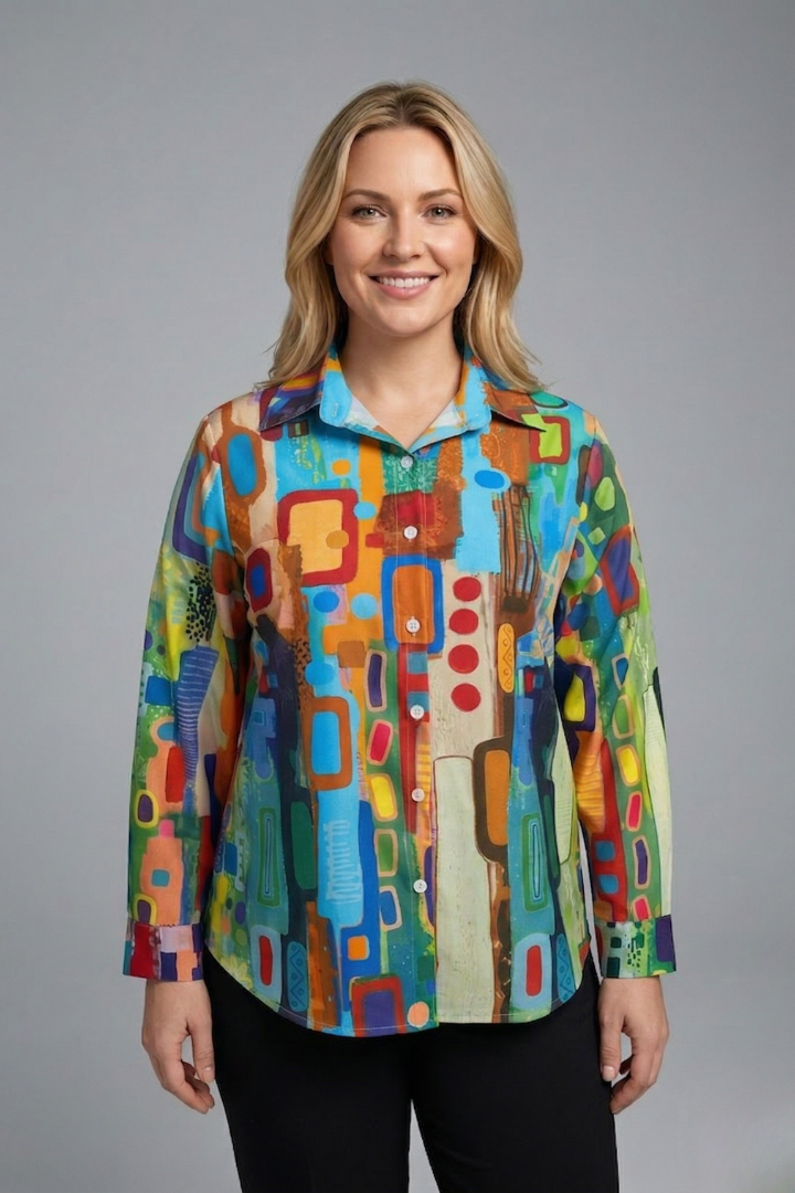 Women’s Blouse with Button Closure and Geometric Print