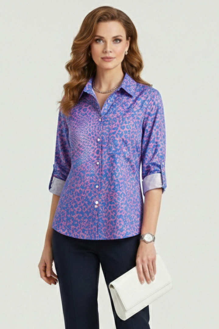 Women’s Blouse with Turn-Down Collar and Roll-Up Sleeves