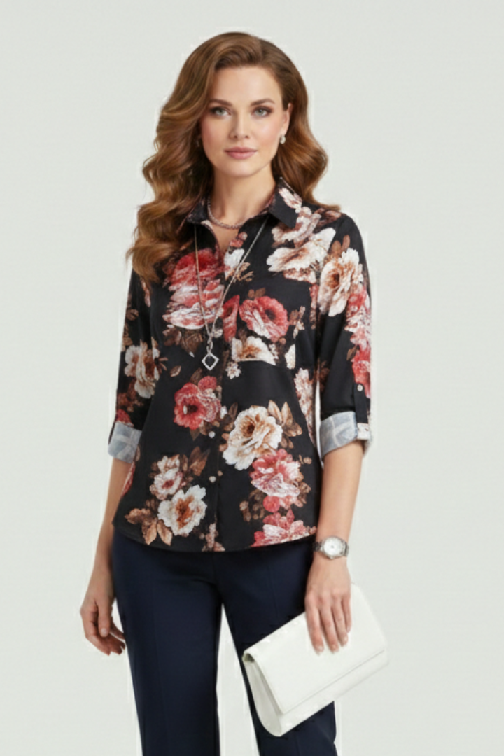 Women’s Blouse with Turn-Down Collar and Roll-Up Sleeves