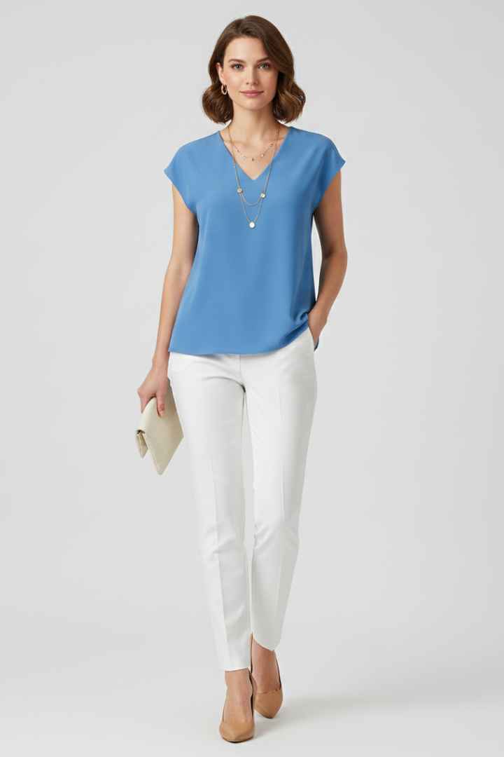 Women’s Blouse with V-Neck and Striped Woven Surface
