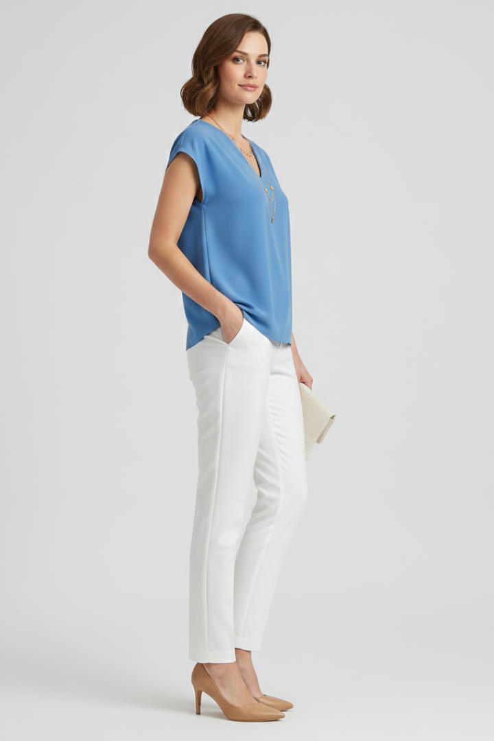 Women’s Blouse with V-Neck and Striped Woven Surface