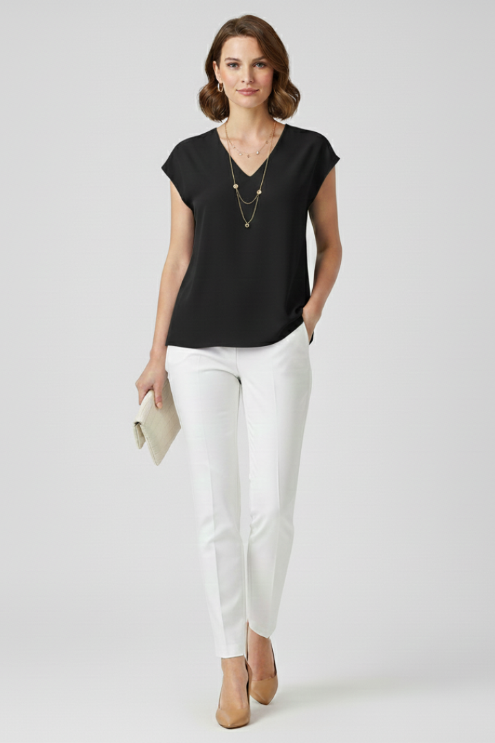 Women’s Blouse with V-Neck and Striped Woven Surface