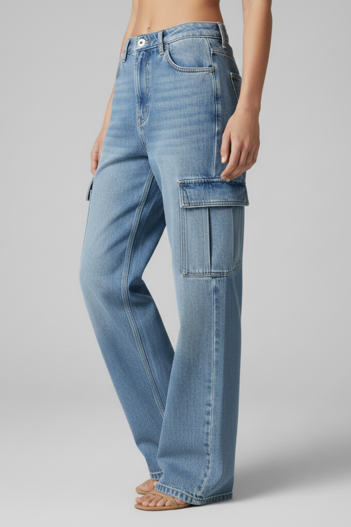 Women’s Cargo Jeans with Front Closure and Flap Pockets