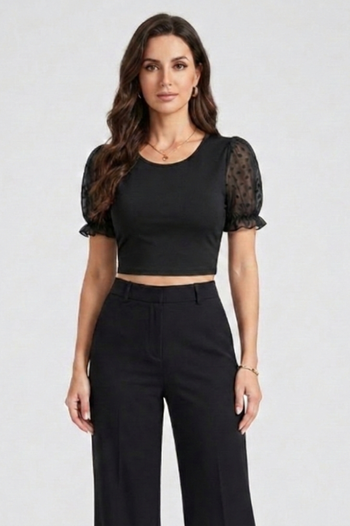 Women’s Crop Top with Puff Sleeves and Round Neck