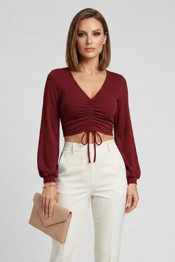 Women’s Crop Top with V-Neck and Front Ruching