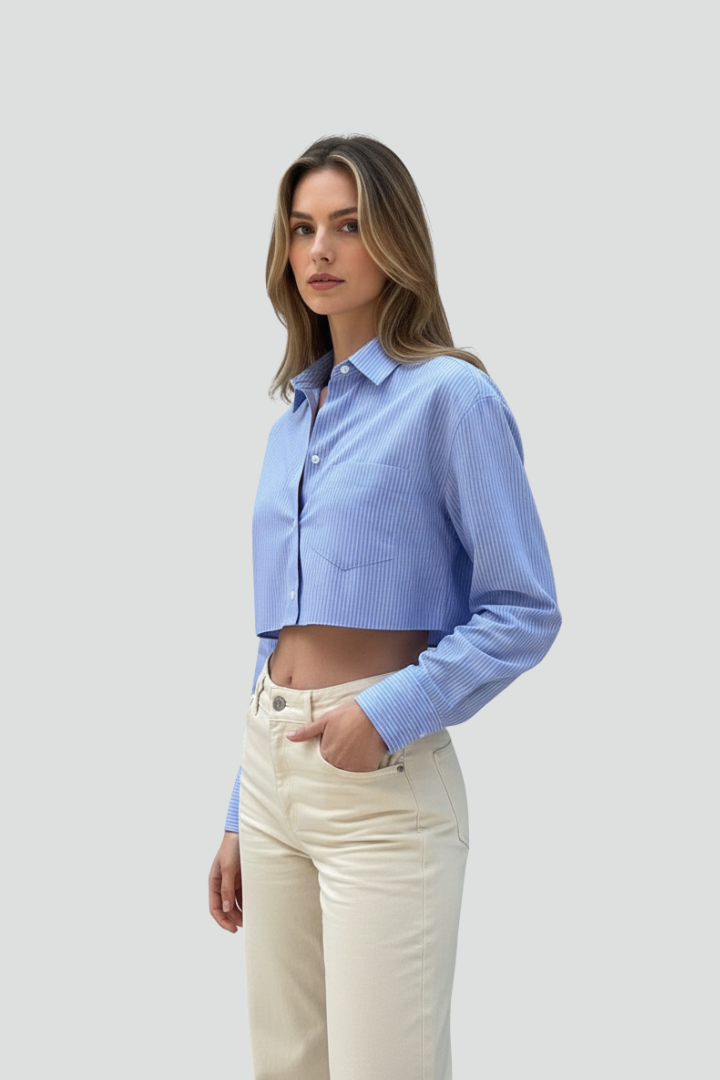 Women’s Cropped Shirt with Collar and Long Sleeves